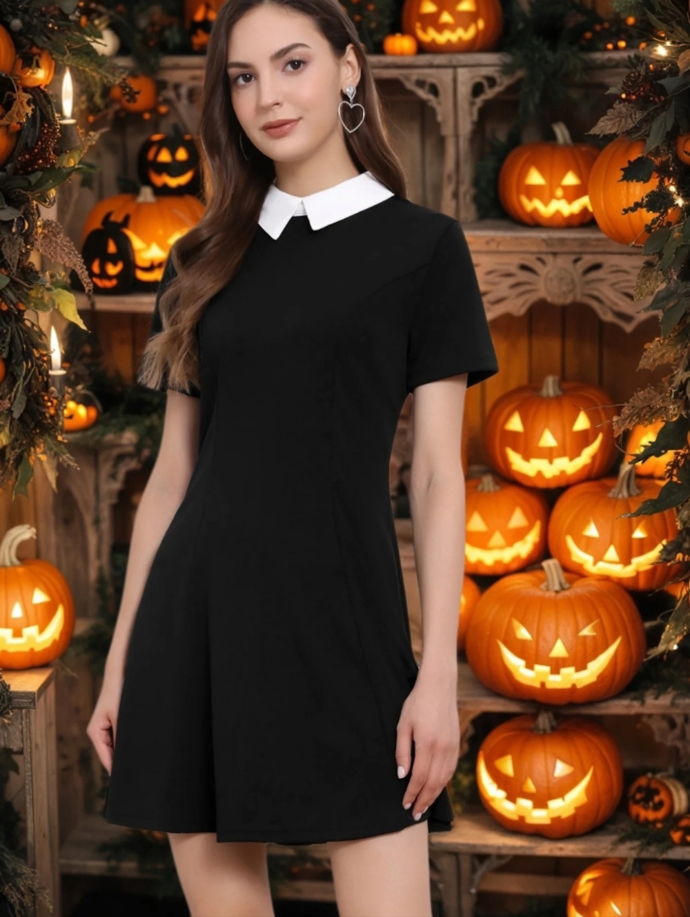 Black Fut & Flare Mini Dress with White Collar Jersey Knit
